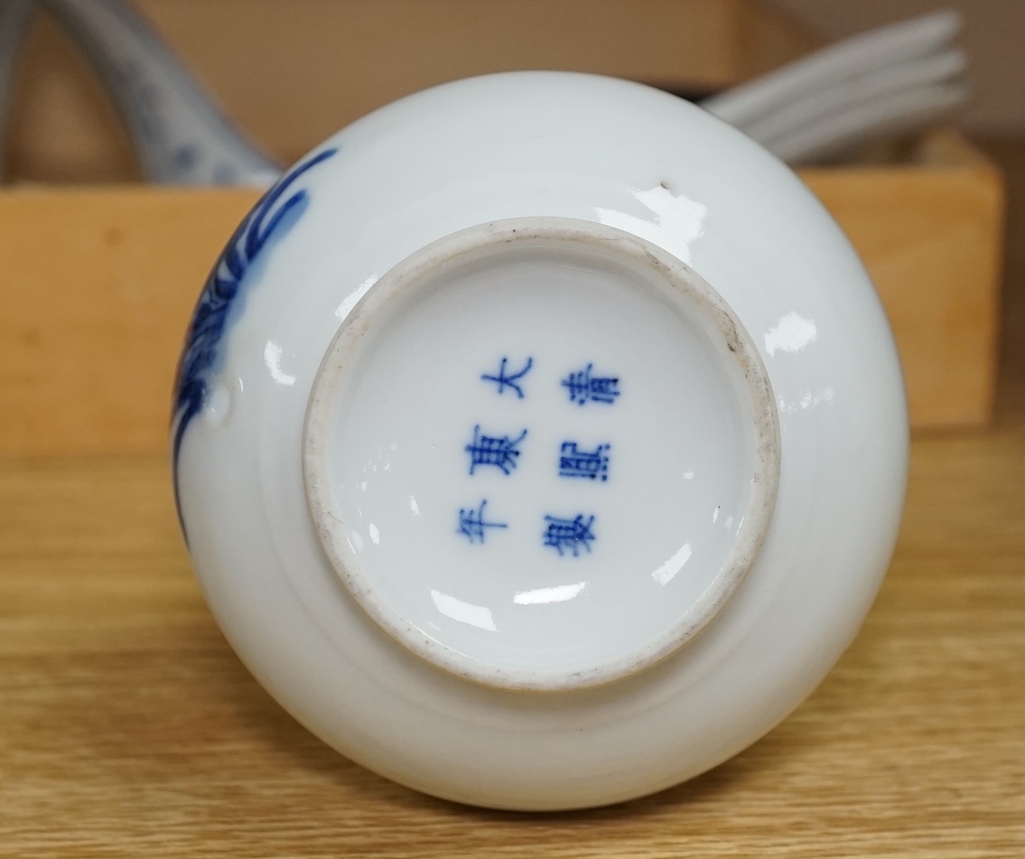 A small Chinese porcelain blue and white vase, Republic period, on a hardwood stand and various soup spoons, Guangxu/Republic period, vase 14cm high. Condition - good